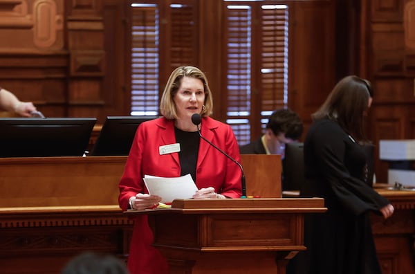 FILE - Speaker Pro Tem Jan Jones, R-Milton, speaks in favor of Senate Bill 233 at the Georgia State Capitol on Thursday, March 14, 2024. (Natrice Miller/Atlanta Journal-Constitution via AP, File)