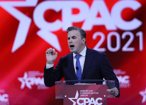 Tom Fitton, President of Judicial Watch, addresses the Conservative Political Action Conference held in the Hyatt Regency on Feb. 28, 2021, in Orlando, Florida. (Joe Raedle/Getty Images/TNS)