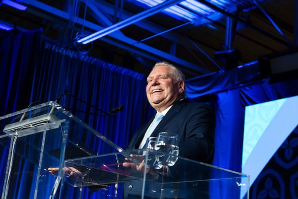 Newly re-elected Ontario Premier Doug Ford speaks to supporters at his election night event in Toronto on Thursday, Feb. 27, 2025. (Laura Proctor/The Canadian Press via AP)