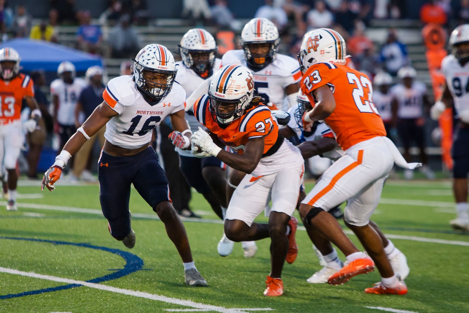 Yasin Muhammad, wide receiver for North Cobb, runs the ball during the North Cobb vs. Northview high school football game on Friday, September 16, 2022, in Kennesaw, Georgia. North Cobb led Northview 14-7 at the half. CHRISTINA MATACOTTA FOR THE ATLANTA JOURNAL-CONSTITUTION.