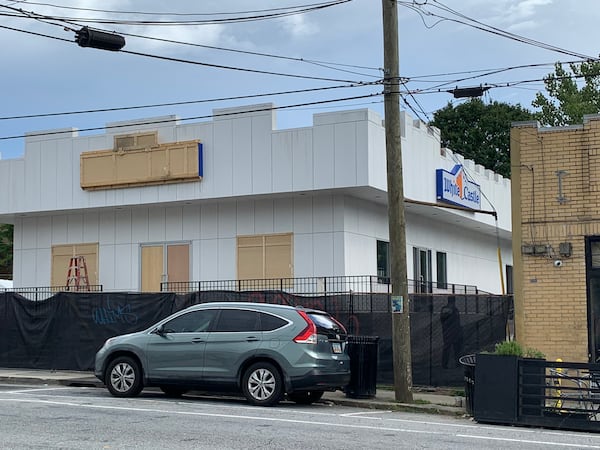 The fake White Castle facade on Edgewood Ave. for a Disney+ series "Lionheart" on August 10, 2022. RODNEY HO/rho@ajc.com