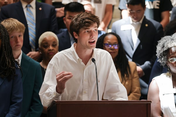 Parker Short, the former president of Young Democrats of Georgia, speaks at the Georgia State Capitol during a presser to respond to the state's decision to defund AP African American studies on Wednesday, July 24, 2024. (Natrice Miller/ AJC)