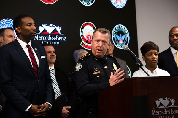 Atlanta police Chief Darin Schierbaum speaks during a public safety press conference at Mercedes-Benz Stadium on Jan. 14, 2025.  CHRISTINA MATACOTTA FOR THE AJC