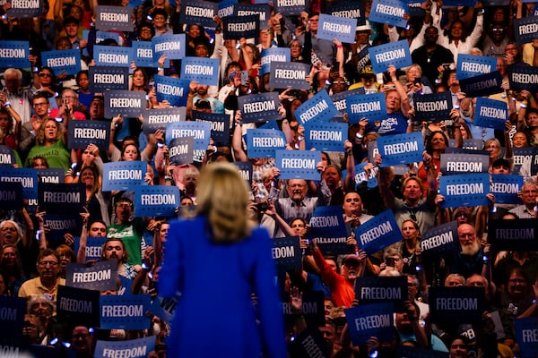 Supporters hold signs stating “Freedom” as Vice President Kamala Harris, the Democratic presidential nominee, campaigned earlier this week in Milwaukee. Democrats are stressing that message this year, along with faith and patriotism — concepts Republicans have emphasized in the past. (Erin Schaff/The New York Times)
                      