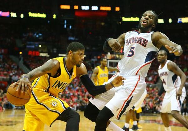 Paul George drives in Game 6. (Curtis Compton/AJC)