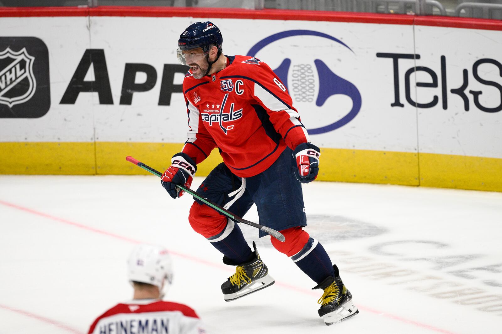 Washington Capitals left wing Alex Ovechkin (8) celebrates his goal during the third period of an NHL hockey game against the Montreal Canadiens, Thursday, Oct. 31, 2024, in Washington. The Capitals won 6-3. (AP Photo/Nick Wass)