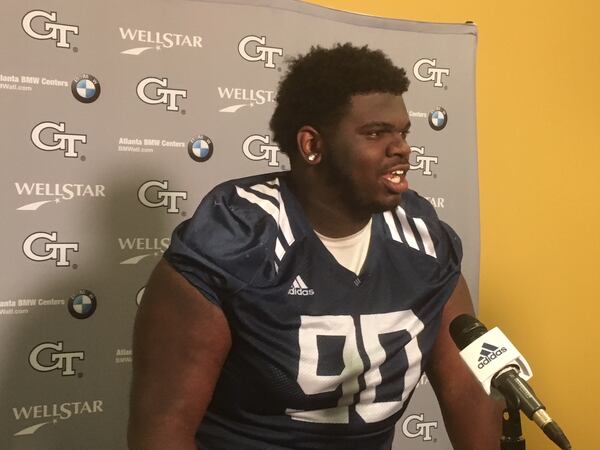 Georgia Tech nose tackle Brandon Adams speaks with media after practice October 8, 2018. 