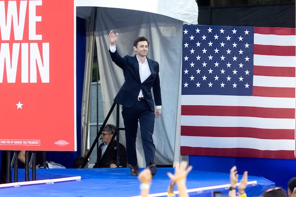 U.S. Sen. Jon Ossoff, D-Ga., takes the stage during Democratic presidential nominee Vice President Kamala Harris’ rally at James R. Hallford Stadium in Clarkston on Thursday, Oct. 24, 2024. (Arvin Temkar/AJC)