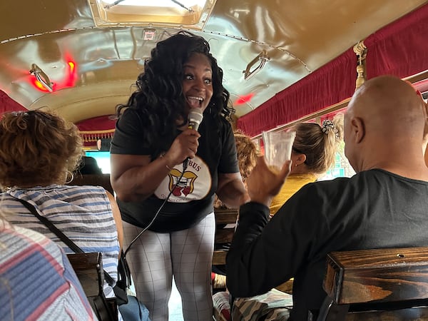 Comic Nicole Blue entertained the Funny Bus Comedy City Tour patrons on Nov. 2, 2024. (Rodney Ho/AJC)