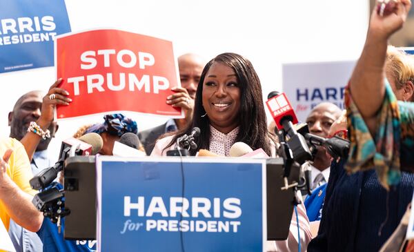 Gwinnett County Chairwoman Nicole Love Hendrickson speaks in support of Vice President Kamala Harris’ presidential campaign during a press conference at Liberty Plaza near the Georgia State Capitol in Atlanta on Wednesday, July 24, 2024. (Seeger Gray / AJC)