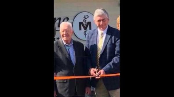 Former President Jimmy Carter (left) and his physician, Dr. Michael Raines, attend the opening of the Plains Mercer Medicine Clinic. (Courtesy)