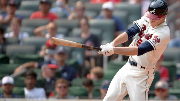 Braves starting pitcher Max Fried (54) hits a single in the fourth inning against Miami Marlins Sunday, Sept. 12, 2021, at Truist Park in Atlanta. (Hakim Wright Sr./AP)