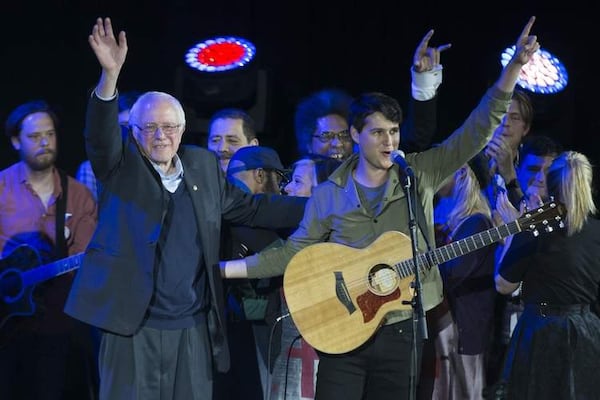 Sen. Bernie Sanders and Vampire Weekend lead singer Ezra Koenig  at the University of Iowa on Jan. 30. (AP Photo/Evan Vucci)