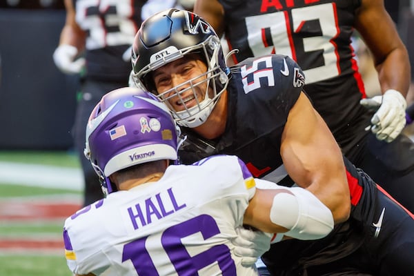 Atlanta Falcons linebacker Kaden Elliss (55) stops Minnesota Vikings quarterback Jaren Hall (16) close to the end zone during the first half on Sunday, Nov. 5, 2023, at Mercedes-Benz Stadium in Atlanta. Elise did not return to the game after that play. (Miguel Martinez/The Atlanta Journal-Constitution/TNS)