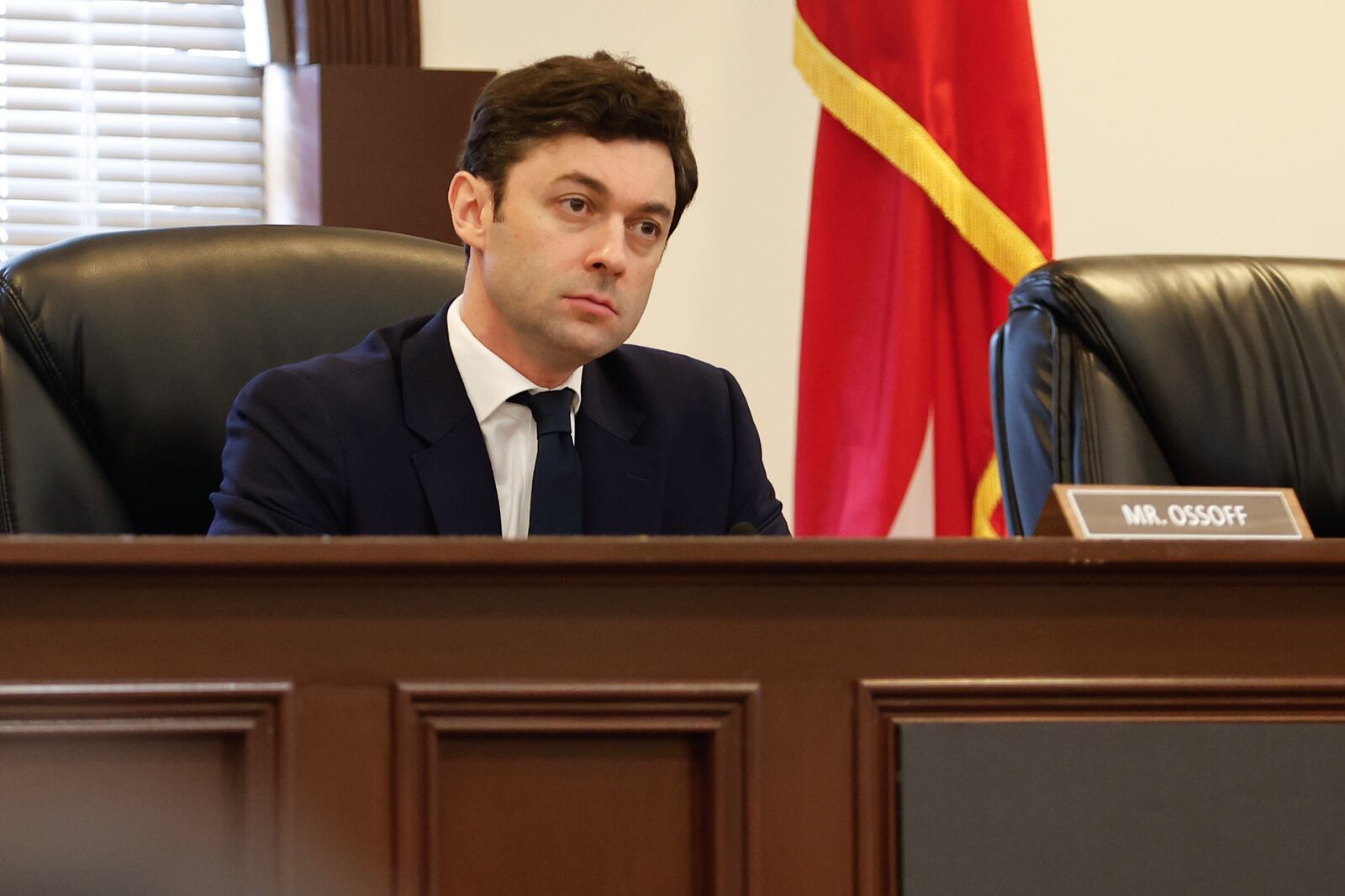 U.S. Sen. Jon Ossoff, D-Ga., listens to testimonies from renters about unsuitable housing conditions during a U.S. Senate Human Rights Subcommittee hearing at Roswell City Hall on Monday, March 4, 2024. (Natrice Miller/ Natrice.miller@ajc.com)