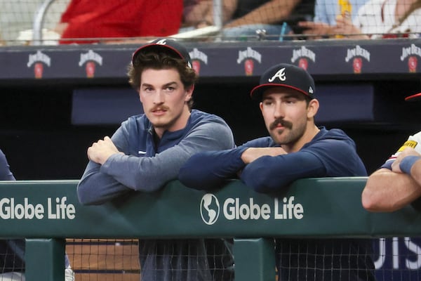 Atlanta Braves starting pitcher Max Fried, left, talks with starting pitcher Spencer Strider in the dugout during the Braves’ game against the New York Mets at Truist Park, Tuesday, June 6, 2023, in Atlanta. Fried has been on the injured list this three times this season. He injured his hamstring on opening day here in Washington. In May, he landed on the injured list with a forearm strain. And now, the blister has ended his regular season. (Jason Getz / Jason.Getz@ajc.com)