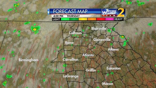 Isolated showers are possible in metro Atlanta on Thursday afternoon. (Credit: Channel 2 Action News)