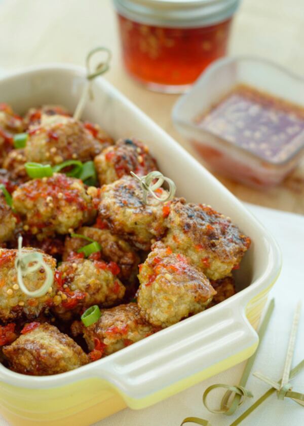 Chicken Meatballs with Red Pepper Jelly Sauce makes a great appetizer on a toothpick, as well as an entree over rice. From “Taste and Savor Life!” by Nancy Waldeck (Taste and Savor, Callawind Book Publishing, $18.95). Courtesy of Chloe Clark