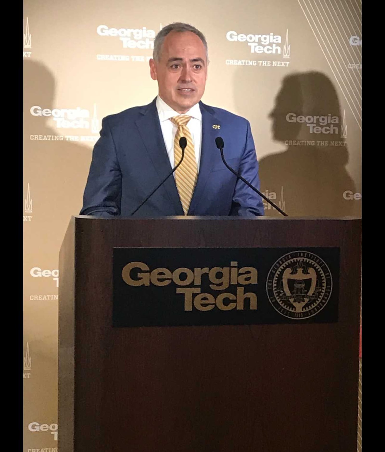 Georgia Tech's incoming president, Angel Cabrera, answers a question from a reporter at an introductory news conference on campus on June 14, 2019. ERIC STIRGUS / ESTIRGUS@AJC.COM.