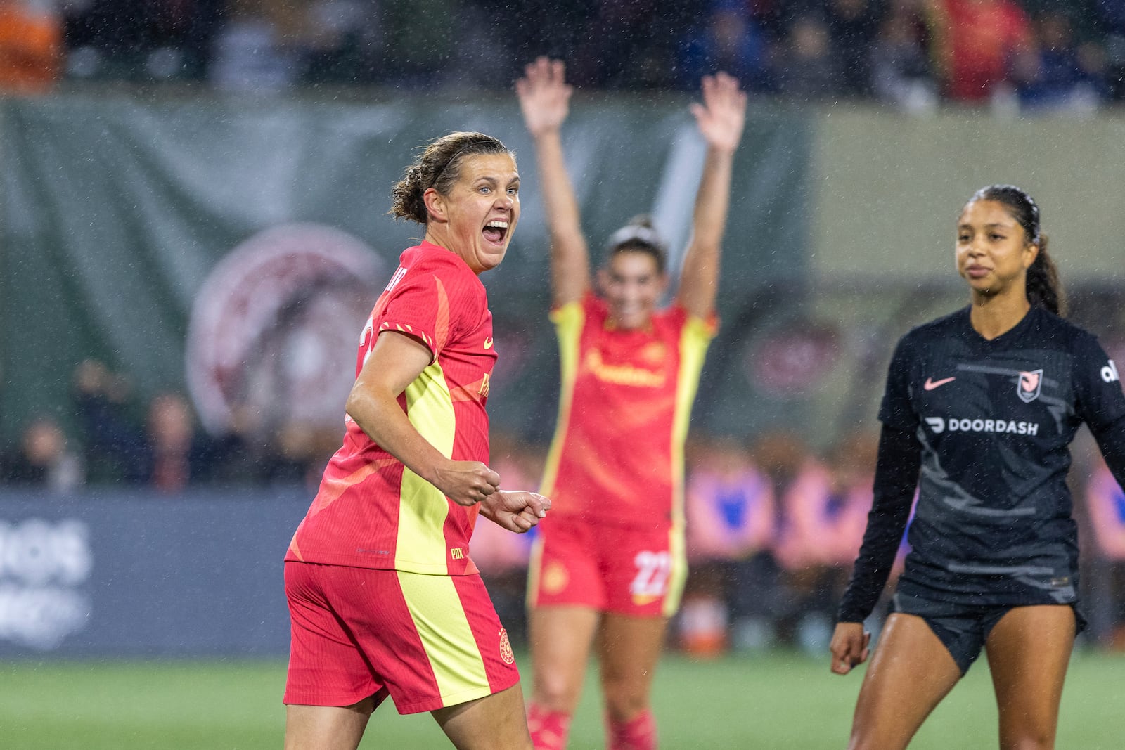 Portland Thorns forward Christine Sinclair (12) celebrates after her goal during the first half of an NWSL soccer match against Angel City FC at Providence Park on Friday Nov. 1, 2024 in Portland, Ore. (Sean Meagher/The Oregonian via AP)