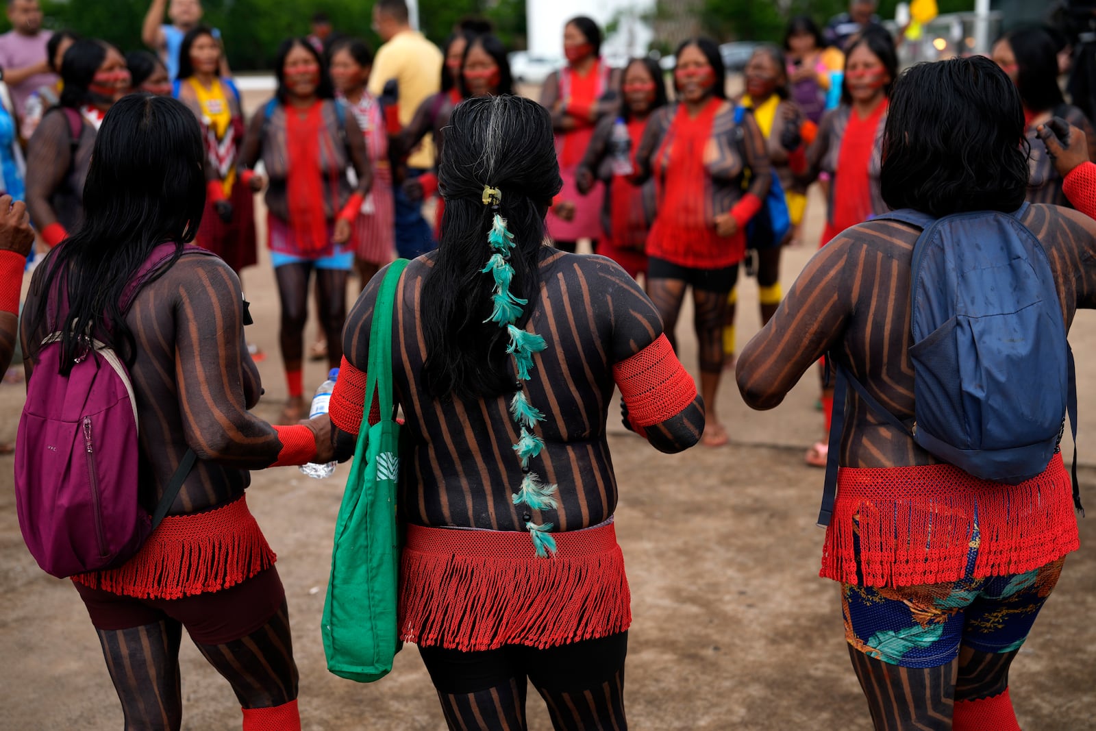 Indigenous groups take part in protest against the prospective creation of a benchmark time limit that threatens to strip some of their lands, in Brasilia, Brazil, Wednesday, Oct. 30, 2024. (AP Photo/Eraldo Peres)