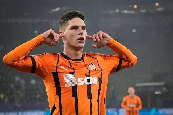 Shakhtar's Heorhiy Sudakov celebrates after scoring his side's second goal during the Champions League opening phase soccer match between Shakhtar Donetsk and Young Boys Bern at the Arena AufSchalke in Gelsenkirchen, Germany, Wednesday, Nov. 6, 2024. (AP Photo/Martin Meissner)