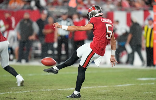 Tampa Bay Buccaneers punter Jake Camarda (5) against the Philadelphia Eagles during the second half of an NFL football game Monday, Sept. 25, 2023, in Tampa, Fla. (AP Photo/Chris O'Meara)