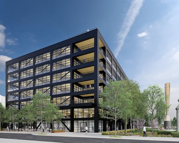 A rendering of T3 West Midtown, a new timber-framed office building in Atlantic Station. Developer Hines said the building, which is expected to open in September, will be the largest timber-framed office building in the U.S. until a planned sister building opens in Chicago.