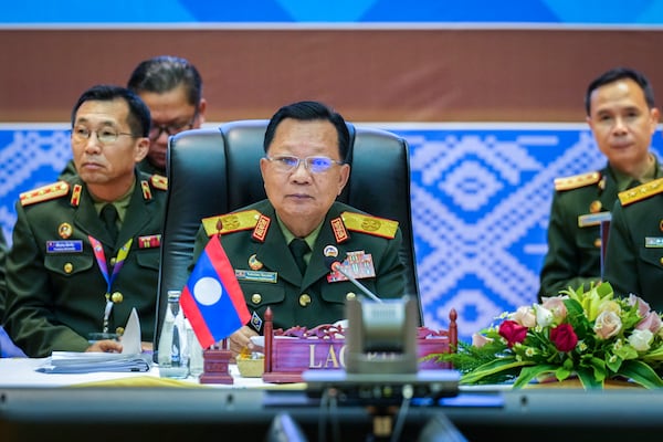 Laos' Defence Minister Chansamone Chanyalath addresses the ASEAN Defence Ministers' Meeting in Vientiane, Laos, Wednesday, Nov. 20, 2024. (AP Photo/Anupam Nath)