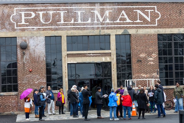 Volunteers gather around Pullman Yard in preparation for President Joe Biden's rally on Saturday in Atlanta, March 9, 2024. (Steve Schaefer/steve.schaefer@ajc.com)
