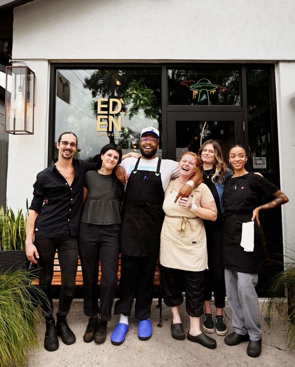 The team at Eden Supper Club includes, from left: Justin Benassi, Rachel Mathews, co-owners Jared Jackson and Nic Priore, and Sarah Rudd and Sharrell Love. (Courtesy of Eden Supper Club / photo by Robin Elise Maaya)