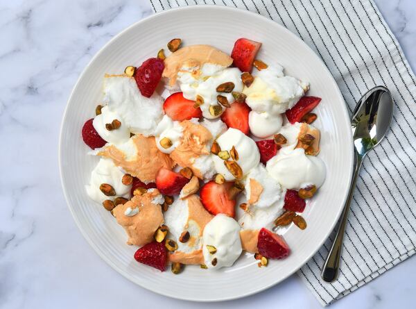 Cloud Bread with Strawberries and Cream. Cloud bread isn't really a bread, but it has many fans on TikTok and it can be a perfect component of a dessert. Styling by Kate Williams / Chris Hunt for the AJC