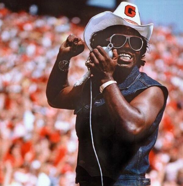 James Brown performs with the Redcoat Band at Sanford Stadium in Athens in 1977. (Contributed by the University of Georgia)