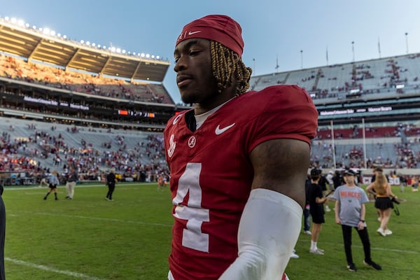 Alabama quarterback Jalen Milroe (4) walks off the field after a win over Mercer in an NCAA college football game, Saturday, Nov. 16, 2024, in Tuscaloosa, Ala. (AP Photo/Vasha Hunt)