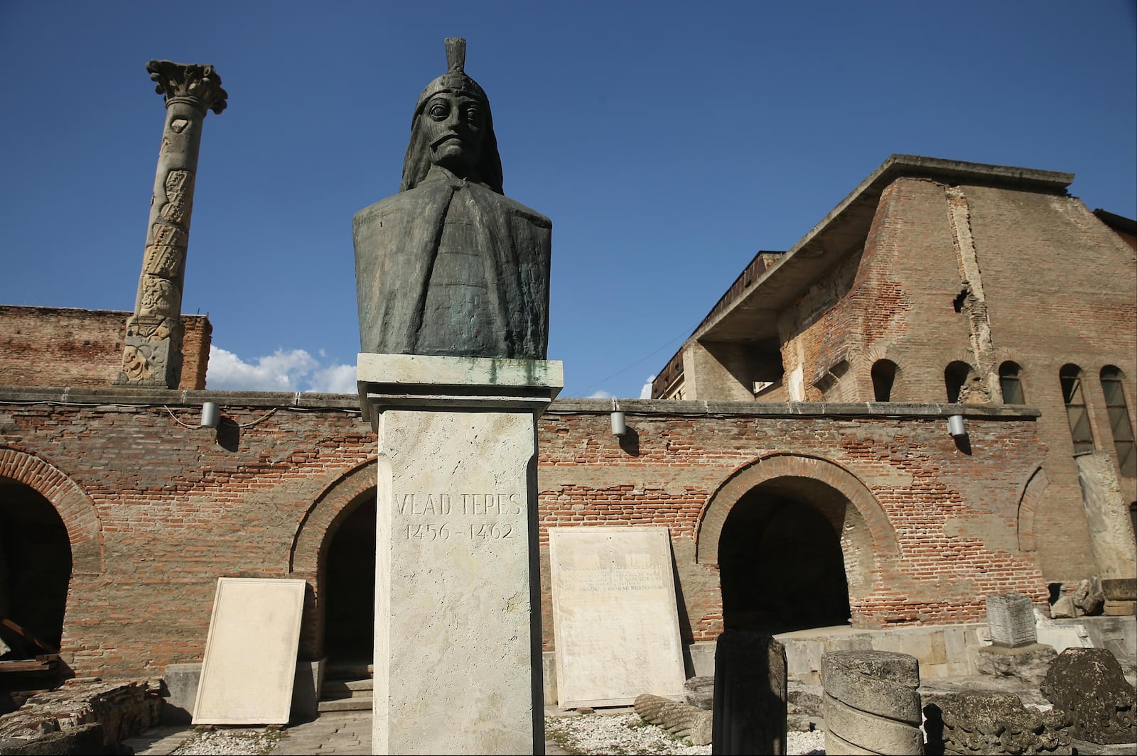 A bust of Vlad Tepes, the 15th-century ruler of Wallachia also known as Vlad the Impaler, stands in the Curtea Veche archaeological site in the Old Town Lipscani district on September 6, 2013 in Bucharest, Romania. While the country's economic output has risen significantly since it joined the European Union in 2007, it still lags in infrastructure development and the fight against corruption.