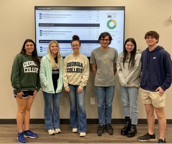 Georgia College & State University  students pose for a photo at a precinct during midterm elections. Courtesy of Georgia College & State University