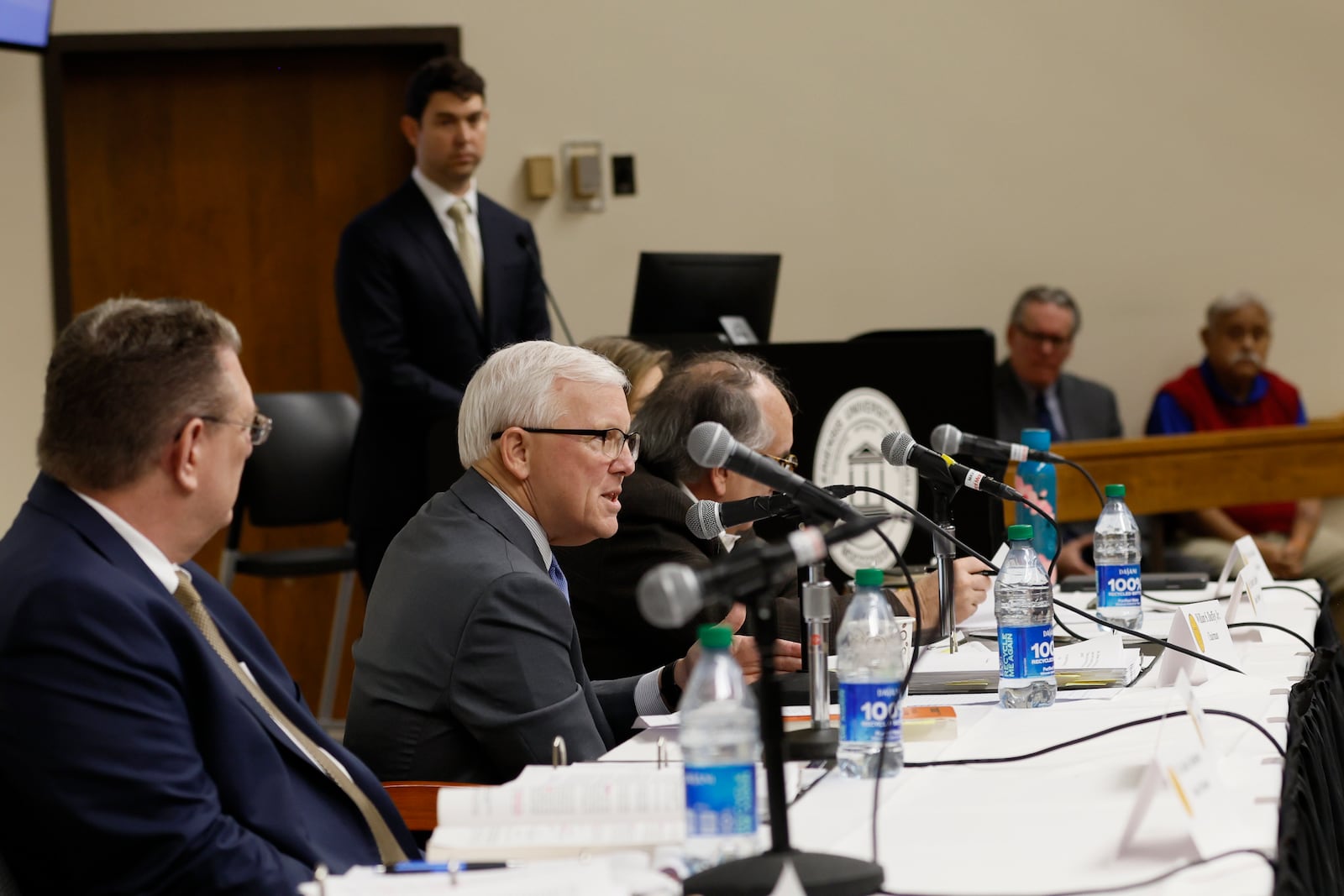 Chairman William S. Duffey Jr. (center) speaks during the State Election Board meeting at Mercer University in Macon on Tuesday, Feb 7, 2023. Miguel Martinez / miguel.martinezjimenez@ajc.com