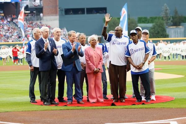 Billye Aaron, wife of Hank Aaron is joined by former 1974 Braves players  during the 50th-anniversary celebrations of Hank Aaron’s 715 home run record at Truist Park on Monday, April 8, 2024. Miguel Martinez / miguel.martinezjimenez@ajc.com 