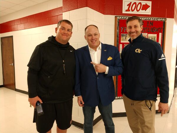 Callaway High School coach Pete Wiggins (left) with Georgia Tech coach Geoff Collins (center) and safeties coach Nathan Burton. (Courtesy Pete Wiggins)