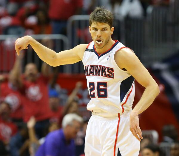 050114 ATLANTA: Hawks Kyle Korver reacts to hitting a three pointer against the Pacers during the first half of their First Round Game 6 contest on Thursday, May 1, 2014, in Atlanta. CURTIS COMPTON / CCOMPTON@AJC.COM