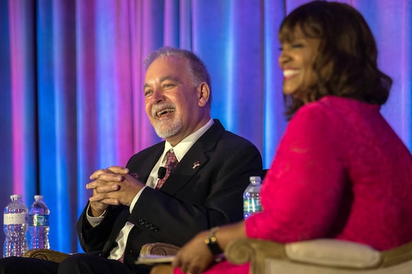 SAVANNAH, GEORGIA - JUNE 10, 2022: Georgia state school superintendent and Republican candidate for re-election Richard Woods, left, speak with moderator Donna Lowry, right, at the Georgia School Board Association Summer conference in Savannah. (Stephen B. Morton for The Atlanta Journal-Constitution).