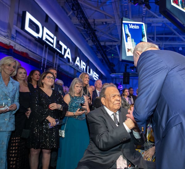 Former Atlanta Mayor Andrew Young delivered the invocation to begin Delta Air Lines’ celebration of its 100-year anniversary on Saturday, March 15, 2025, at the Delta Flight Museum. (Jenni Girtman for The Atlanta Journal-Constitution)