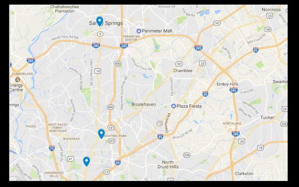 The FBI is searching for a man it believes robbed these three Wells Fargo's in Atlanta. // Google Maps