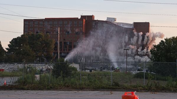 09-05-2021 Atlanta, Ga.-  The old Sheraton hotel at 1900 Sullivan Road near Hartsfield-Jackson Airport imploding to make room for new developments. (Tyson Horne / tyson.horne@ajc.com)