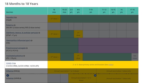 The Centers for Disease Control and Prevention has updated its list of suggested routine immunizations for children to include COVID-19 vaccinations. This excerpt highlights the COVID-19 recommendations for children from 18 months up to adulthood. (CDC)