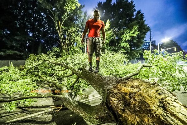 Ken Wainwright checks out a downed tree on Pine Street at Piedmont Avenue on Tuesday morning after downpours continued across Atlanta into the late evening hours Monday. 