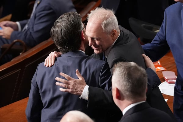 House Majority Leader Steve Scalise, R-La., right, congratulates House Speaker Mike Johnson, R-La., upon Johnson's re-election as the House of Representatives meets to elect a speaker and convene the new 119th Congress at the Capitol in Washington, Friday, Jan. 3, 2025. (AP Photo/Jacquelyn Martin)