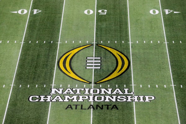 01/08/2018 -- Atlanta, GA - The College Football Playoff National Championship logo before the game between the Alabama Crimson Tide and the Georgia Bulldogs during the College Football Playoff National Championship at Mercedes-Benz stadium in Atlanta, Monday, January 8, 2018. ALYSSA POINTER/ALYSSA.POINTER@AJC.COM