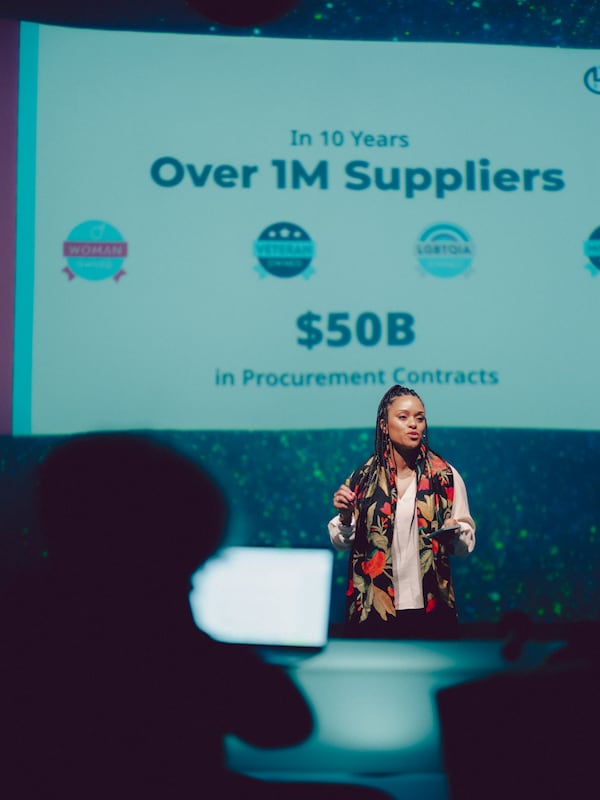 Cloe Guidry-Reed, co-founder and CEO of Hire Ground, practicing her pitch at the 2024 Black Ambition Demo Day. Courtesy of Drew Bartolome/Black Ambition