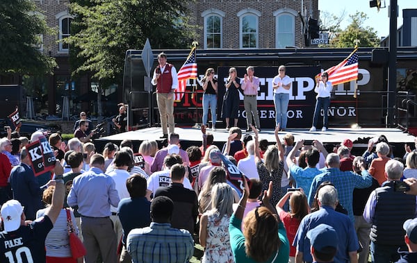 Virginia Gov. Glenn Youngkin speaks during a rally Tuesday in Alpharetta for Georgia Gov. Brian Kemp's bid for reelection. Kemp has borrowed heavily from Youngkin, taking a similar approach to education to attract moderate suburban voters that helped the Virginia Republican win his race for governor in 2021. (Hyosub Shin / Hyosub.Shin@ajc.com)